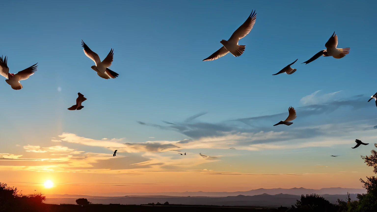 The sun rises、The sky is clear、Birds and their children are flying、Natural countryside landscape