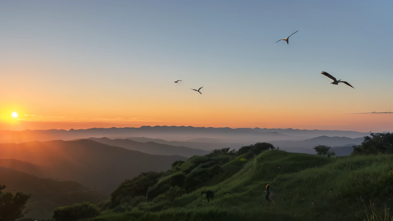 The sun rises、The sky is clear、Birds and their children are flying、Natural countryside landscape