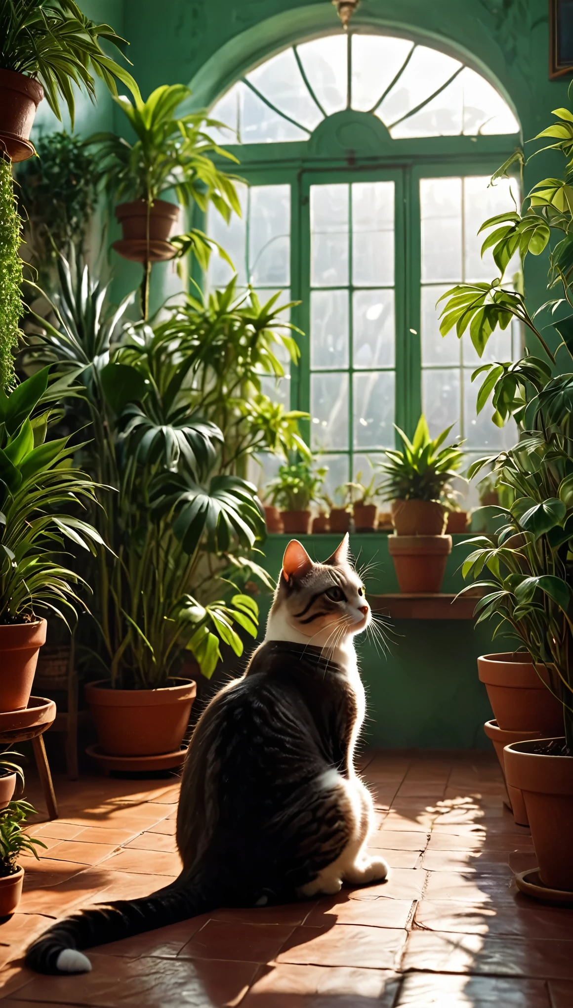 Pessoa ocidental meditando cercada de gatos. The setting is the interior of a beautiful room with many potted plants. cinematic lighting. Pessoa meditando. meditation. ultra HD pessoa meditando.