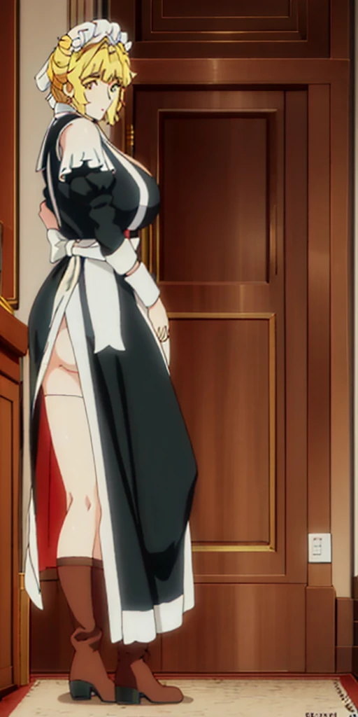 (mature female:1.4), masterpiece, best quality (maid, maid headdress, maid apron), standing, indoors, window, masterpiece, best quality, high quality, long hair, yellow eyes, full body, def_effie, blue breastplate, looking at viewer, shiny armor, thigh highs, high boots, shoulder armor, faulds, poleyn, red gloves gauntlets, Roxanne dog fluffy ears
