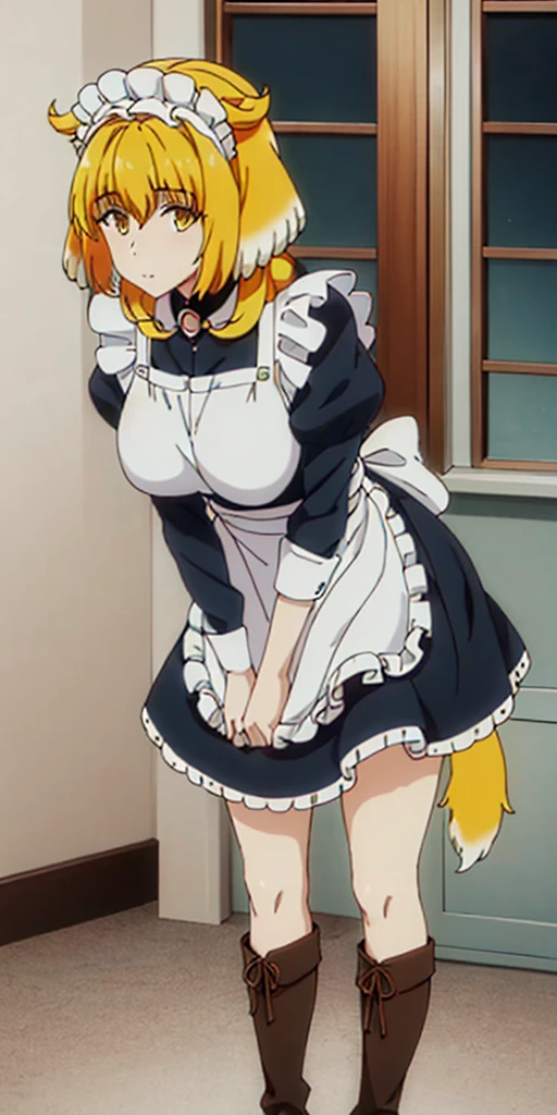 (mature female:1.4), masterpiece, best quality (maid, maid headdress, maid apron), standing, indoors, window, masterpiece, best quality, high quality, long hair, yellow eyes, full body, def_effie, blue breastplate, looking at viewer, shiny armor, thigh highs, high boots, shoulder armor, faulds, poleyn, red gloves gauntlets, Roxanne dog fluffy ears