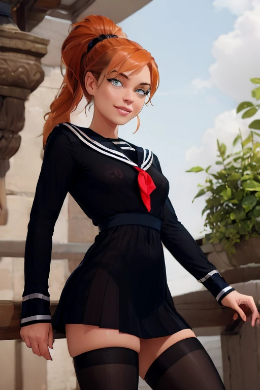 (best quality,4k,highres,masterpiece:1.2),1girl,beautiful detailed eyes,beautiful detailed lips,long eyelashes,high ponytail,black pantyhose,wearing tutu,sailor collar,black serafuku,black miniskirt,long sleeves,see-through shirt,soft lighting,natural surroundings,slight breeze,graceful pose,subtle smile,vivid colors,sharp focus,portraits, orange hair, crystal blue eyes 