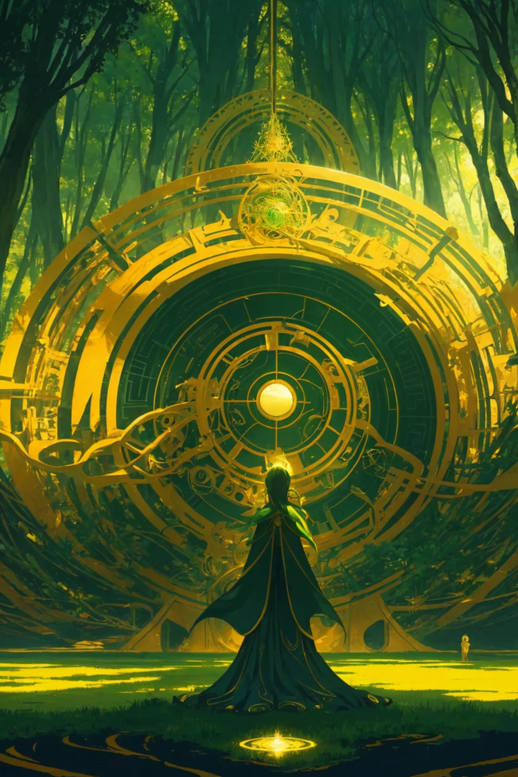 opening of the mind into utopia, utopiasphere, abstract art, trees, circular warm colors contrasting with nature, long landscape of beauty and balance, (dark green flow of a background), (golden machinery), (golden machinery organs of body)