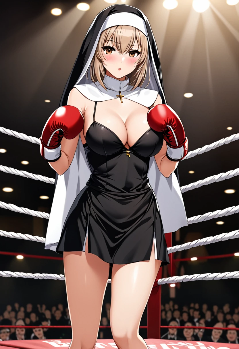 high quality, girl, Long black色的直发, Brown eyes, provocative,blush,Dressed as a nun, black,Wearing white boxing gloves, Hands in boxing gloves,Cleavage,nipple,Long legs,Back against the ring ropes