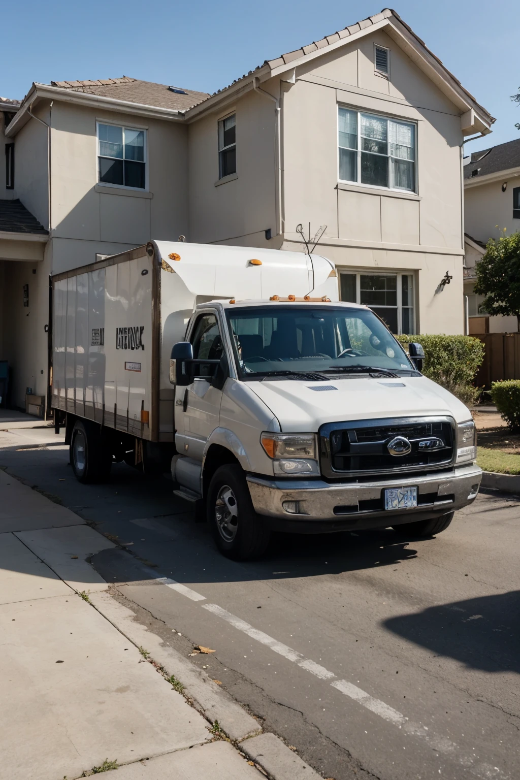Junk removal truck parked curbside in front of a home in a beautiful residential neighborhood 