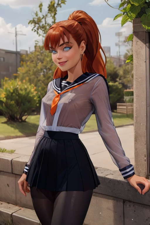 (best quality,4k,highres,masterpiece:1.2),1girl,beautiful detailed eyes,beautiful detailed lips,long eyelashes,high ponytail,black pantyhose,wearing tutu,sailor collar,black serafuku,black miniskirt,long sleeves,see-through shirt,soft lighting,natural surroundings,slight breeze,graceful pose,subtle smile,vivid colors,sharp focus,portraits, orange hair, crystal blue eyes