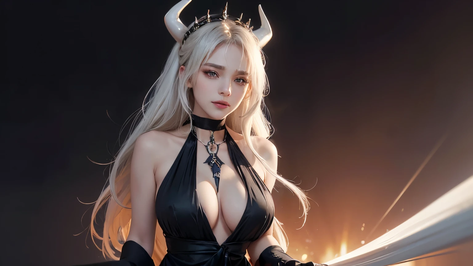 In a masterful display of artistic prowess, Lucifer from Helltaker emerges as the focal point of a hyper-realistic 8K human portrait. Clad in a formal suit featuring a striking red shirt, black pants, and a matching black necktie, she commands attention with her serene expression and captivating smile, her gaze fixed directly upon the viewer. She has the face of ((https://images.fineartamerica.com/images/artworkimages/mediumlarge/3/1-gorgeous-blonde-with-big-breasts-mihai-b.jpg)). Her eyes, almond-shaped and bewitching, mesmerize with their striking red crimson irises, framed by gracefully arched eyebrows and thick, voluminous lashes that curl upwards. Luxuriant waves of light-white hair cascade around her, catching the light in subtle platinum highlights, while her smooth, porcelain-like skin radiates a subtle glow, suggesting vitality and allure, an elegant mix of botanical and geometric patterns that enhance her already captivating presence. Her attire, a black dress and a choker around her neck, serves to underscore her beauty and sophistication. Standing tall and confident, Lucifer possesses very large bosoms, fitting into an I-sized cup, (mature female, milf:1.3). Rendered with meticulous attention to detail and realism, this portrait captures every nuance of Lucifer's appearance, from the delicate contours of her face to the subtle textures of her clothing and skin. Set against a deep matte black background, she stands as a timeless symbol of beauty and allure, her dynamic pose and perfect anatomy drawing the viewer into her world. This high-resolution masterpiece transcends mere artistry, offering a glimpse into the depths of Lucifer's character and personality. With its cinematic composition and meticulous attention to detail, a true masterpiece in every sense of the world. full body. large breasts, heavy makeup, detailed Tokyo street , smile, white hair, blush, eyeliner, white lips. thing waist (45 cm)