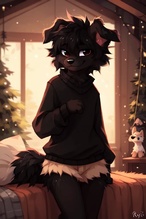 ((by reysi)), Best quality, super detailed illustration, warm colors, Ideal lighting, (Fluffy boy dog:1.6), (Black fur:1.5), disheveled thick hair, short shorts, long black stockings, black long sleeve sweater, in a cosy room, smug smile, tricky glance , Femboy, slim, perfect body,