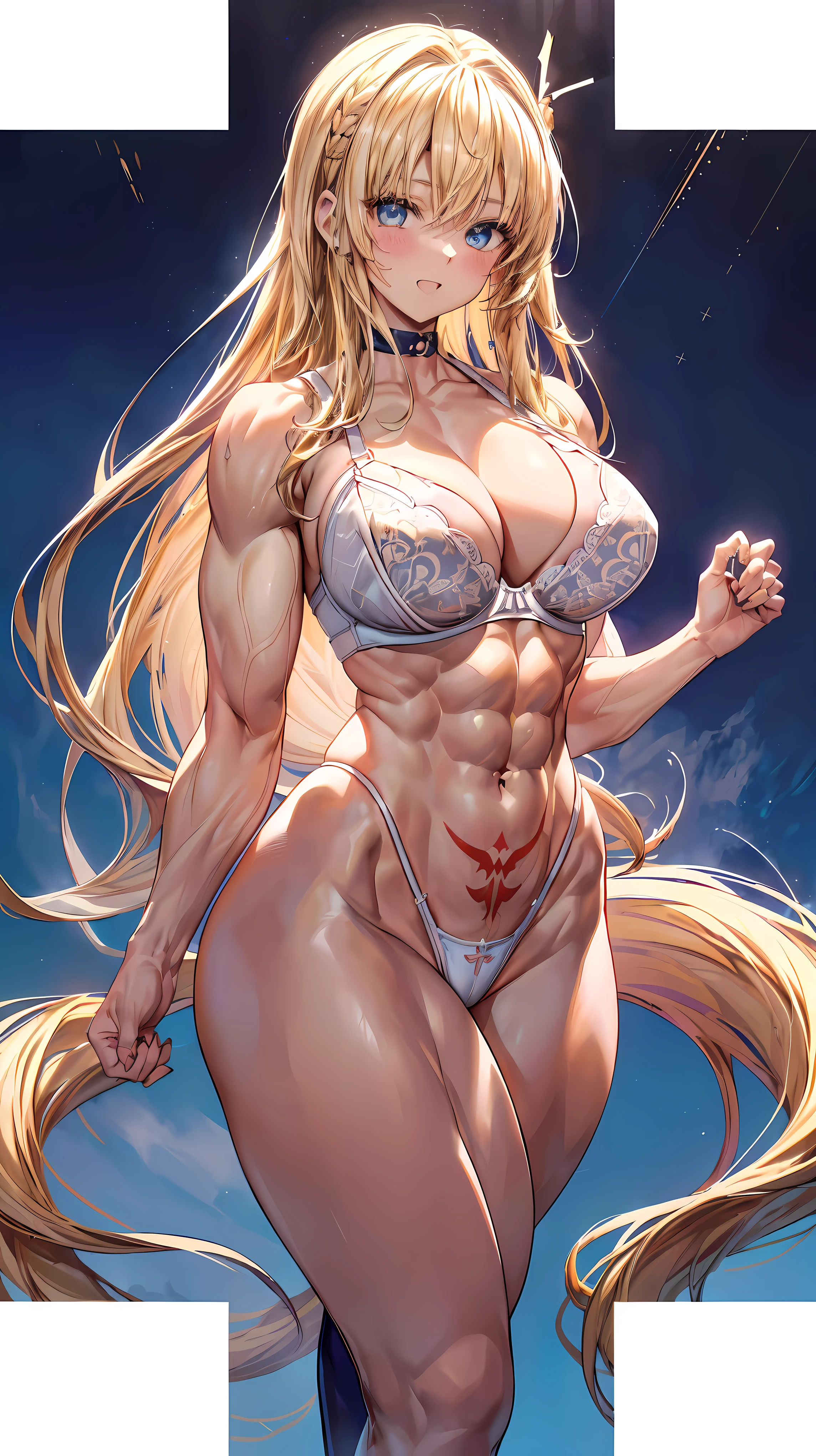 Very detailed、highest quality、Best image quality、masterpiece、8k、Anime Face、A kind smile、(Open your mouth:1.3)、Sparkling blue eyes、(Blonde semi-long hair:1.5)、(Muscles of the whole body:1.3)、(highleg:2.0)、Thigh belt、(Cowboy Shot:1.5)、(SFW Giant)、(Thick body:1.2)、(bra:1.5)、(sxspnts)