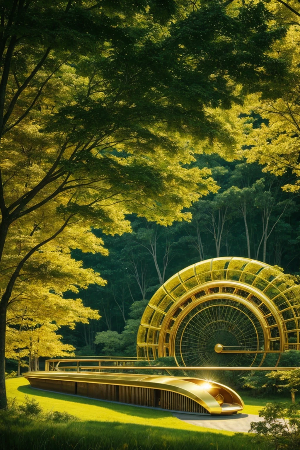 opening of the mind into utopia, utopiasphere, abstract art, trees, circular warm colors contrasting with nature, long landscape of beauty and balance, (dark green flow of a background), (golden machinery), (golden machinery organs of body)