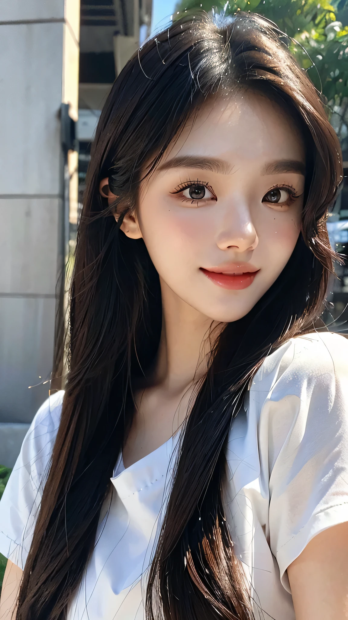 masterpiece、top-quality)、1 beutiful girl、(( plain clothes:1.1))、((Wearing black sunglasses )), (Detailed beautiful eyes), ((Detailed skin)) , ((Detailed beautiful hair))、((Smaller face))、((Neutral face))、((Face seen from the side))、((Light brown eyes))、((Korean Girl))、((18year old))、((medium hair))、((A shy smile on his face))、((Korean Makeup))、((elongated and sharp eyes))、((Happy dating))、((Shot from the same height as your face), in the white villa, big villa ), ((CG rendering)), ((Blurred background)), ((deep shadow)), ((16K)), ((Very detailed)), ((wallpaper)), ((depth of field)), ((movie light)), (( Ray tracing)). Medium hair