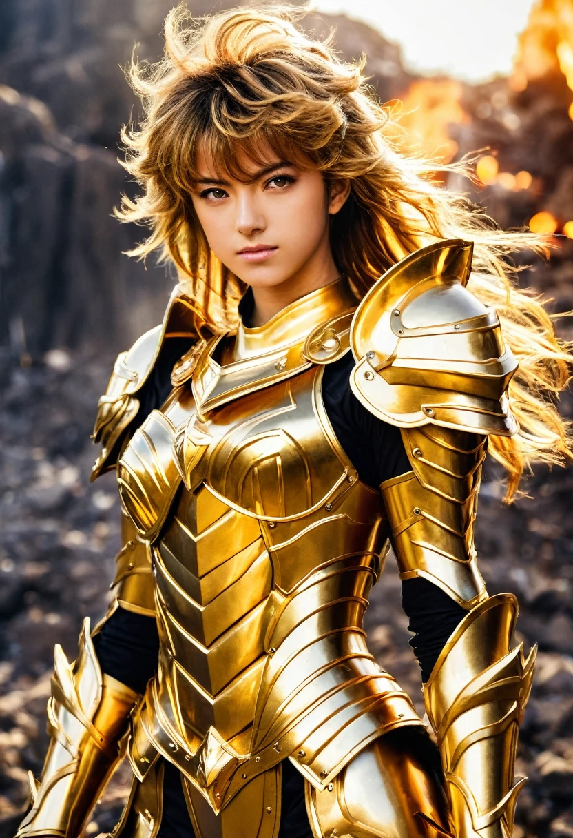 (Masterpiece), (Best Quality), (1 Girl), Girl in Golden Armor, Cool Pose, Battlefield Background, Fire Background, Saint Seiya Armor, Messy Hair, Broken Armor, Ragged Clothes