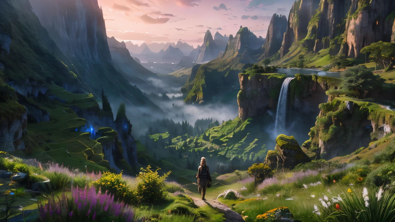 Mountain with a waterfall and a few trees in the foreground々, Impressive and fantastic landscape, an Spectacular landscapes, fantasy matte painting,cute, Fantasy Art Landscape, most Spectacular landscapes, 4K HD Matte Digital Painting, Epic fantasy landscape, Highly detailed digital art in 4K, Epic dreamy fantasy landscape, Spectacular landscapes, 4K Matte Paint, Ross Tran. Landscape Background