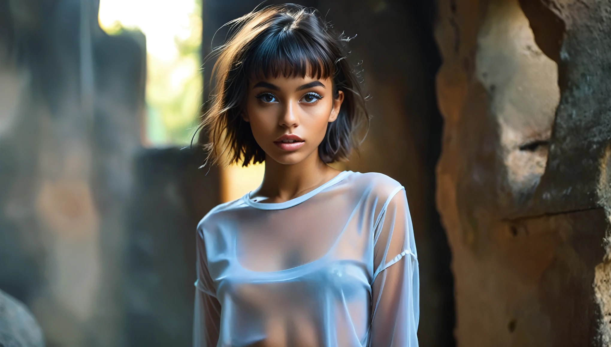 Top Quality, Masterpiece, High Resolution, 8k, (((skinny tanned girl in oversized synthetic see-through shirt with low neckline and very tight hotpants, wide neckline, small perky breasts, beautiful detailed eyes, no lipstick, no makeup, extremely detailed face, pixie asymmetrical hair cut, small hips, in a dungeon, dim light from one side, picture taken from distance)))