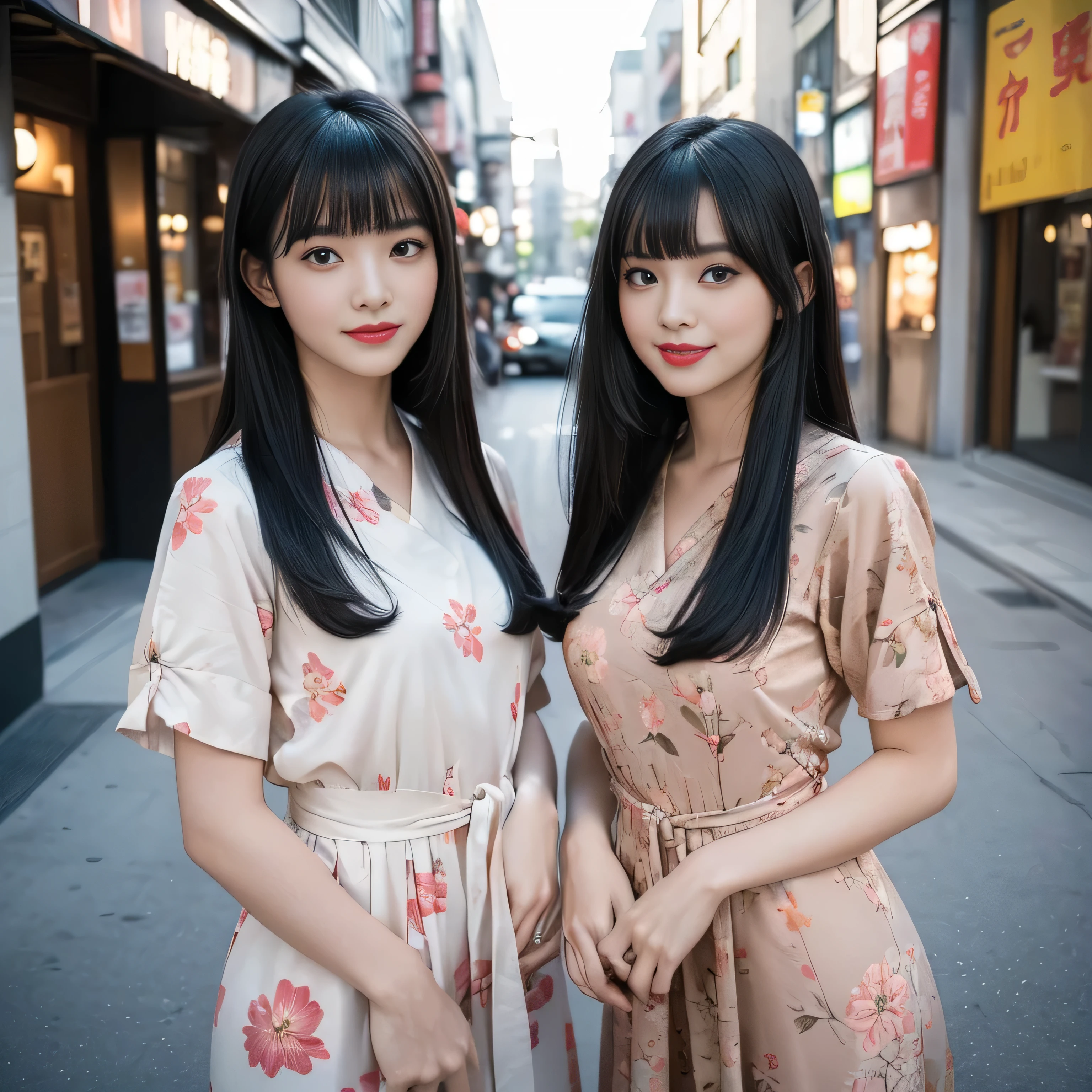 (Identical twins on knees :1.3) (The two of them are happily posing for "stand".:2.0) (The couple look happy as they gaze at each other on a busy street in Japan..) ((highest quality)) ((masterpiece)) (Familiar) (Get used to it) (The most beautiful and sensual 18-year-old hair model in Japan) (Very shiny and voluminous, Very straight!!! The highest quality and finest detail of this extremely long, jet black hair hangs down over both ends of the body. Her highest quality and highest detail is the extremely long, jet black hair that goes on forever.!!! Her beautiful jet black hair is very long!!!!! Her hair is very black!!!!! length hair down to the waist!!!!! length hair down to the waist!!! length hair down to the waist!!! length, Shiny black hair, black silky hair, detailed length black hair, length black straight hair, Long straight black hair, length black hair, Thick, shiny long black hair!!!!!, long!!!!! black hair, Straight long black hair!!!!!, length and free straight black hair, Perfect Silky Straight Hair, Extra Dark Natural Black Hair, very length black hair) (Her bangs are neatly trimmed, Complete Habit:1.3) (She received a beautiful make-up done by a professional make-up artist..... Exquisite texture:1.4 Bright red lipstick Beautiful black eyeliner) (She has a typical Japanese body type and typical Japanese skin color.....、The skin has fine details) (Her face is perfect, Slim and dignified. double eyelid Squint your eyes:1.1) (They were wearing random short-sleeved dresses with floral patterns.:1.5) (Genuine RAW photos taken by professional photographers using SLR cameras) ((Rich 1.4)) (Extremely detailed 8K) (Exquisite texture1.4) (Actual, Vibrant:1.4), Sharp focus:1.2、Beautiful woman:1.4 Dynamic Lighting (Genuine RAW photos taken by professional photographers)