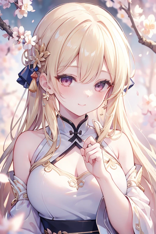 masterpiece, highly detailed 8k unity CG wallpaper, 1 girl, beautiful, realistic, blurred, blurred_background, blurred_foreground, branch, blonde_hair, plum blossom, depth_of_field, earrings, flowers, jewelry, nose, realistic, solo, outfit Chinese, hidden sleeves, sweet smile