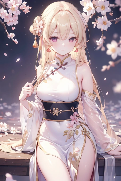 masterpiece, highly detailed 8k unity CG wallpaper, 1 girl, beautiful, realistic, blurred, blurred_background, blurred_foreground, branch, blonde_hair, plum blossom, depth_of_field, earrings, flowers, jewelry, nose, realistic, solo, outfit Chinese, hidden sleeves, sweet smile
