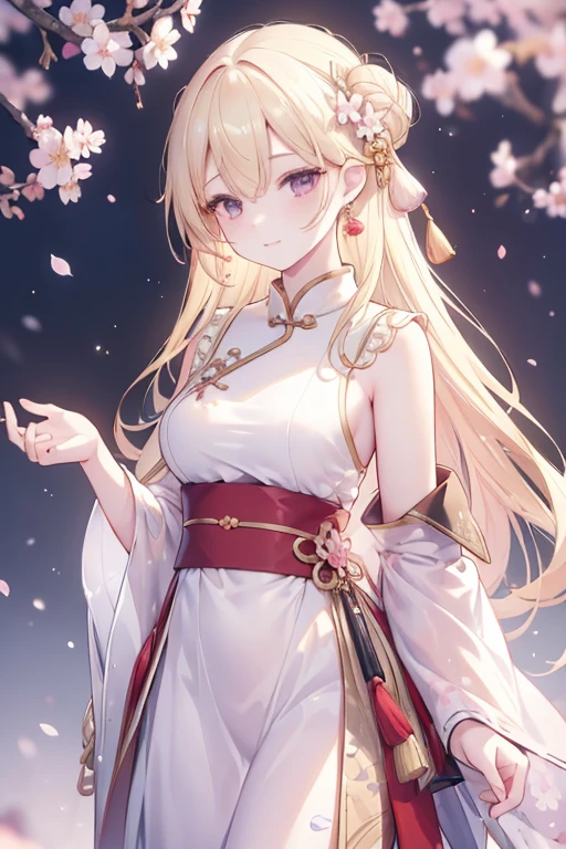 masterpiece, highly detailed 8k unity CG wallpaper, 1 girl, beautiful, realistic, blurred, blurred_background, blurred_foreground, branch, blonde_hair, plum blossom, depth_of_field, earrings, flowers, jewelry, nose, realistic, solo, outfit Chinese, hidden sleeves, sweet smile