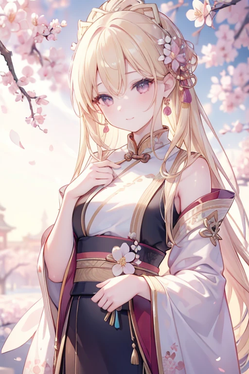 masterpiece, highly detailed 8k unity CG wallpaper, 1 girl, beautiful, realistic, blurred, blurred_background, blurred_foreground, branch, blonde_hair, plum blossom, depth_of_field, earrings, flowers, jewelry, nose, realistic, solo, outfit Chinese, hidden sleeves, sweet smile