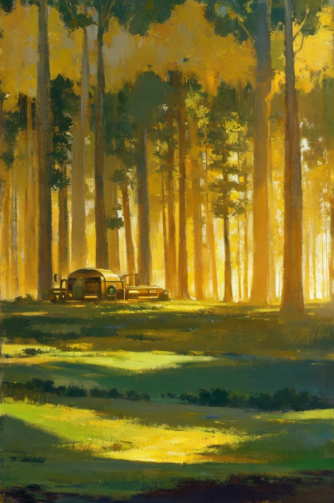 opening of the mind into utopia, utopiasphere, abstract art, trees, circular warm colors contrasting with nature, long landscape of beauty and balance, (dark green flow of a background), (golden machinery), (golden machinery organs of body)