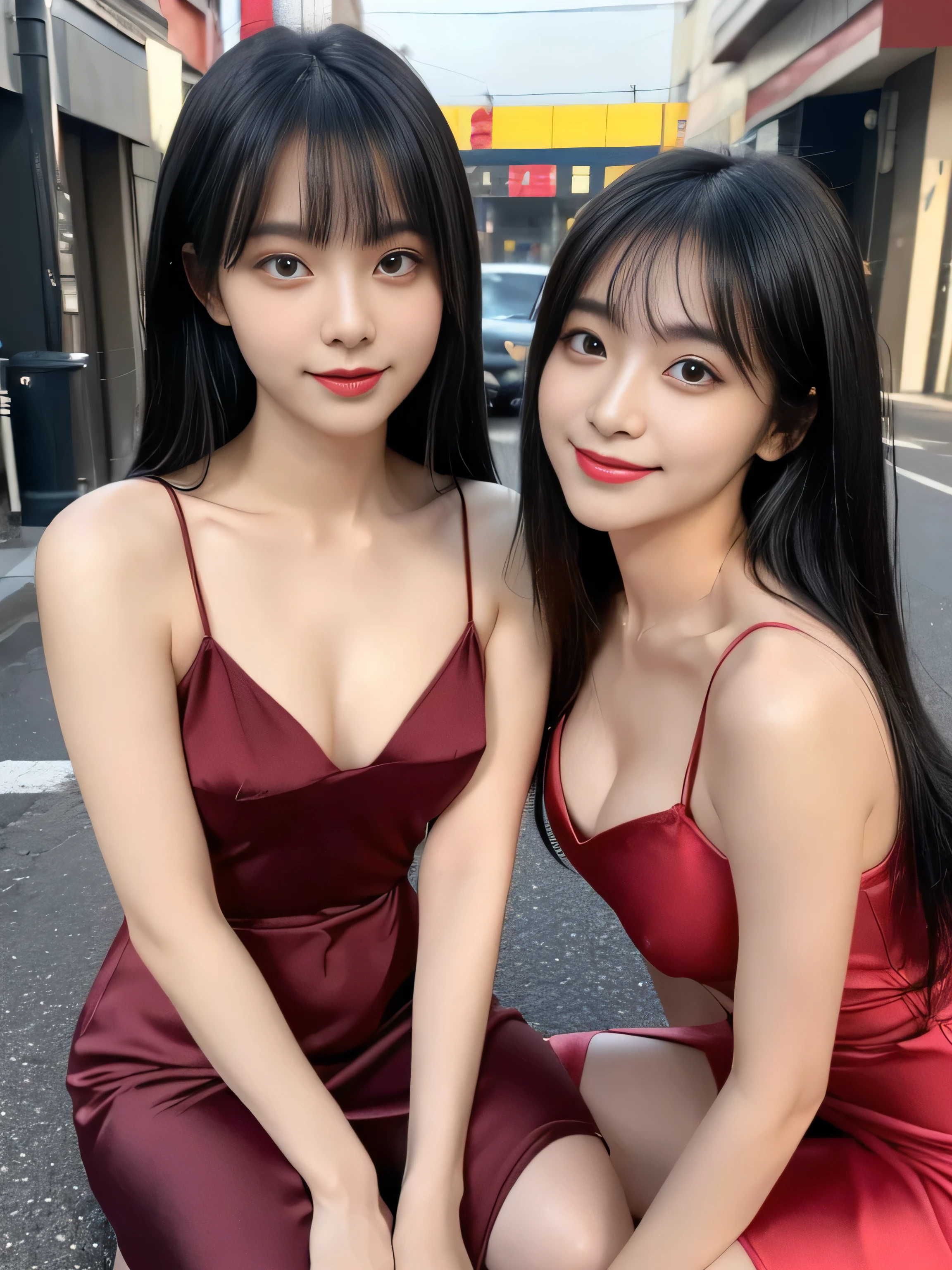 (Identical twins on knees :1.3)　(The two are posing happily.:2.0)　(The couple look happy as they gaze at each other on a busy street in Japan..)　((highest quality))　((masterpiece))　(Familiar)　(Get used to it)　(Pure white wall background:1.8. Photo of upper body from waist up)　(The most beautiful and sensual 18-year-old hair model in Japan)　(Very shiny and voluminous, Very straight!!!　The highest quality and most detailed, incredibly long, jet black hair hangs down widely on both sides of the body.　The hair on the back is neatly trimmed　Her highest quality and highest detail of ridiculously long everlasting extraordinarily long jet black hair is very long hair!!!　Her beautiful jet black hair is very long!!!!!　Her hair is very black!!!!!　length hair down to the waist!!!!!　length hair down to the waist!!!　length hair down to the waist!!!　length, Shiny black hair, black silky hair, detailed length black hair, length black straight hair, long Straight black hair, length black hair, thick shining black hair, length black hair, Straight black hair, length and free straight black hair, Perfect Silky Straight Hair, Extra Dark Natural Black Hair, very length black hair)　(Her bangs are neatly trimmed, Complete Habit:1.3)　(She received a beautiful make-up done by a professional make-up artist.....　Exquisite texture:1.4　Bright red lipstick　Beautiful black eyeliner)　(She is wearing a shiny random color silk camisole dress.)　　(She has a typical Japanese body type and typical Japanese skin color.....、The skin has fine details)　(Her face is perfect, Slim and dignified.　 double eyelid　Squint your eyes:1.1)　(She has a sensual look and feel.)　(Genuine RAW photos taken by professional photographers using SLR cameras)　((Rich 1.4))　(Extremely detailed 8K)　(Exquisite texture1.4)　(Actual, Vibrant:1.4),　Sharp focus:1.2、Beautiful woman:1.4　Dynamic Lighting　(Genuine RAW photos taken by professional photographers)　(She is wearing a smooth silk camisole dress..)