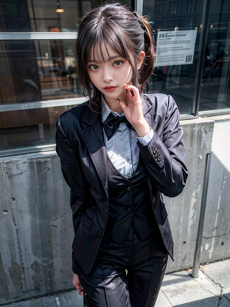 a beautiful girl with a beautiful face and blue hair, standing in front of a cityscape. She is wearing a black formal blazer and a short skirt, showcasing her medium breasts. The scene is captured in high resolution, with photo realistic details and rim lighting. The skin is highly detailed, and the image is in 8k UHD, taken with a DSLR camera. The bokeh effect adds to the beauty of the image, which is of the best quality and a true masterpiece. The girl has the best ratio of four fingers and one thumb, and she looks cute and kawaii, like an ulzzang.