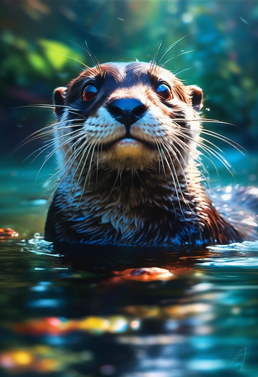 An Otter, Happy otter swimming underwater, smiling. The picture should evoke a feeling of exuberance and happiness. Background is a beautiful river filled with fish, daytime sky, realistic colors : Insanely Detailed :: by Pino_Daeni, Jeremy_Mann, Carne_Griffiths, 16k_resolution, oil_on_canvas, fine_art, super_realistic_light, sharp_focus, beautiful, exuberant atmosphere