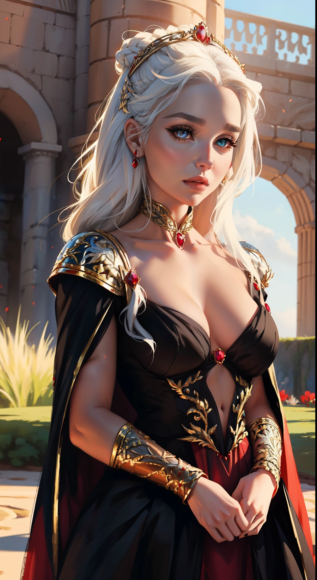 fantasy, princess Targaryen, full-length, garden, girl, with white hair, face looks like Daenerys|Natalie Portman, in a red and black dress embroidered with gold threads of rubies and diamonds with her eyes open, hd