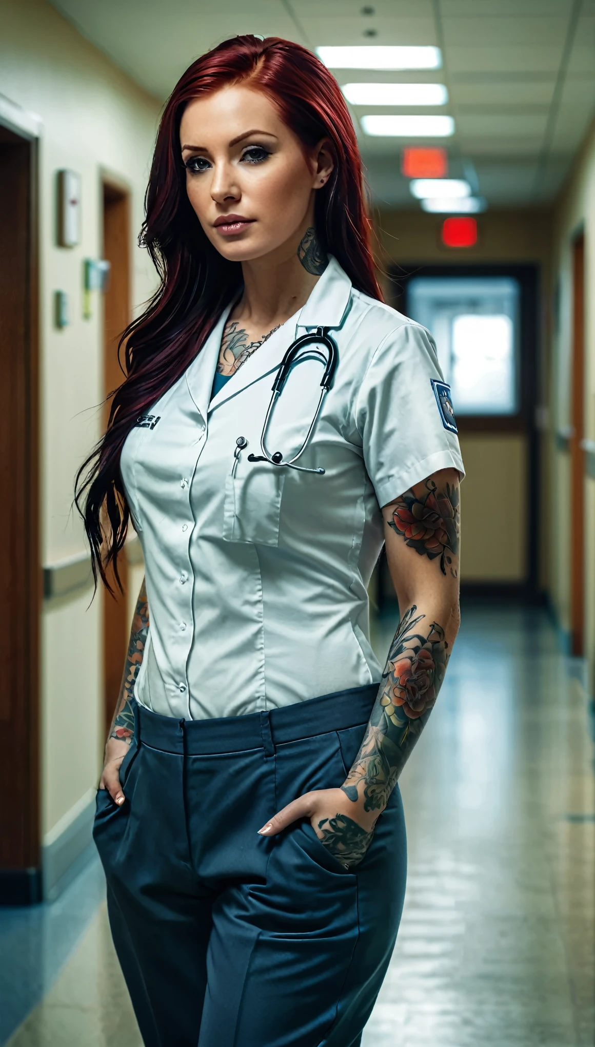 a woman with tattoo, (([red|black] hair)), long hair, nurse, (pink trousers, loose pink sweatshirt pulled from trousers) nurse, look at viewer, hospital corridor,  indoors, (soothing tones:1.0), (hdr:1.25), (artstation:1.2), dramatic, (intricate details:1.14), (hyperrealistic 3d render:1.16), (filmic:0.55), (rutkowski:1.1), (faded:1.3)