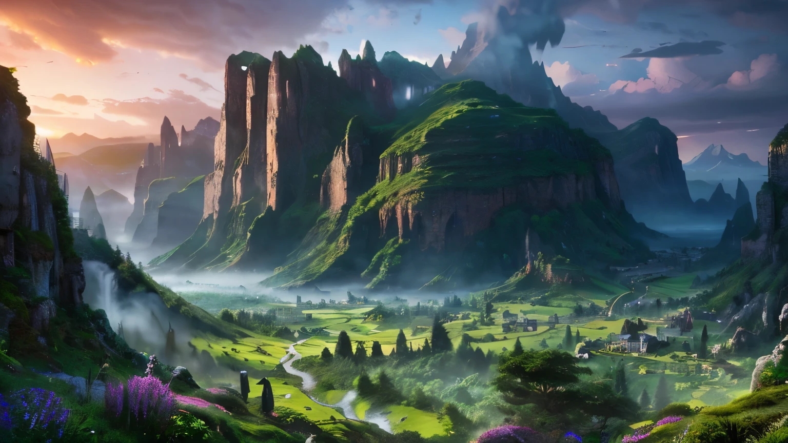 Mountain with a waterfall and a few trees in the foreground々, Impressive and fantastic landscape, an Spectacular landscapes, fantasy matte painting,cute, Fantasy Art Landscape, most Spectacular landscapes, 4K HD Matte Digital Painting, Epic fantasy landscape, Highly detailed digital art in 4K, Epic dreamy fantasy landscape, Spectacular landscapes, 4K Matte Paint, Ross Tran. Landscape Background