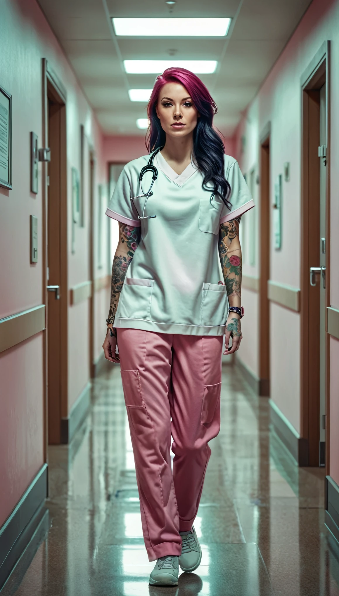 a woman with tattoo, (([red|black] hair)), long hair, nurse, (pink trousers, loose pink sweatshirt pulled from trousers) nurse, look at viewer, hospital corridor,  indoors, (soothing tones:1.0), (hdr:1.25), (artstation:1.2), dramatic, (intricate details:1.14), (hyperrealistic 3d render:1.16), (filmic:0.55), (rutkowski:1.1), (faded:1.3)