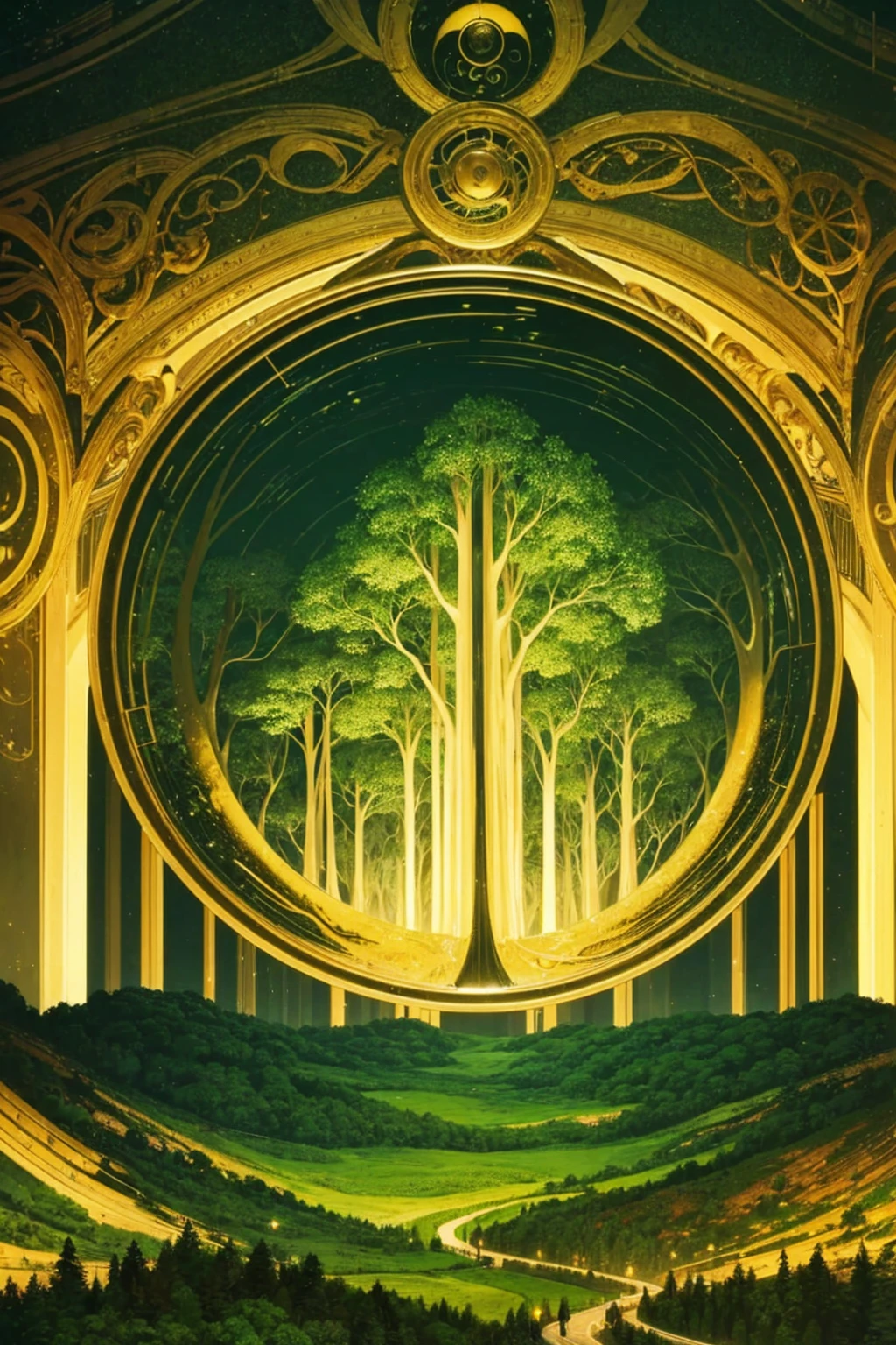 opening of the mind into utopia, utopiasphere, abstract art, trees, circular warm colors contrasting with nature, long landscape of beauty and balance, (dark green flow of a background), (golden machinery), (golden machinery organs of body)