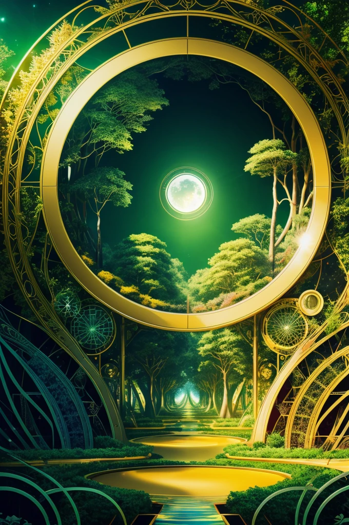 opening of the mind into utopia, utopiasphere, abstract art, trees, circular warm colors contrasting with nature, long landscape of beauty and balance, (dark green flow of a background), (golden machinery), (golden machinery organs of body)