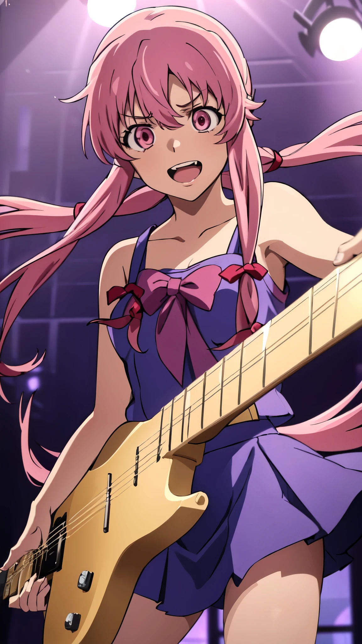 (best quality, masterpiece:1.2), anime_still, 1girl, Gasai Yuno, pink_hair, instrument, guitar, solo, pink_eyes, long_hair, electric_guitar, twintails, open_mouth, skirt, vibrant colors, dynamic lighting, detailed facial expression, intense emotions, energetic pose, (((monster by skillet)))