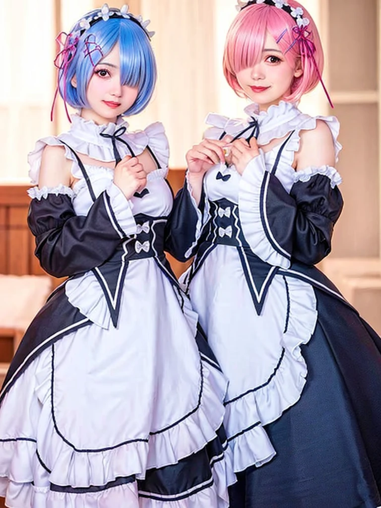 (8K, Photorealistic, Raw photo, of the highest quality: 1.3), (1girl in), Super beautiful, (Realistic face), (boyish, light blue Color Berry Shorthair),(8K, Photorealistic, Raw photo, of the highest quality: 1.3), (1girl in), Super beautiful, (Realistic face), (boyish, pink Color Berry Shorthair), Beautiful , Glare that captivates the viewer, Beautiful expression, Beautiful breasts, (Realistic skin), Be...Create a detailed and colorful image of Ram and Rem from Re:Zero, standing back-to-back in their maid outfits, with a magical fantasy background、14years old, two girls,cute, perfect face, beautiful, nice body, gothic lolita clothes, gothic lolita fashion, frilly skirt, headdress, necklace, bracelet, knee-high socks, boots, double eyelids, tear bags, Detailed down to the fingers, photo-like description, indoors, dim indoor lighting, one girl is pink hair and short bob, another girl is light blue hair and short bob,standing, whole body, composition that shows the whole body, smiling,The Both of them are wearing the same type of maid outfit