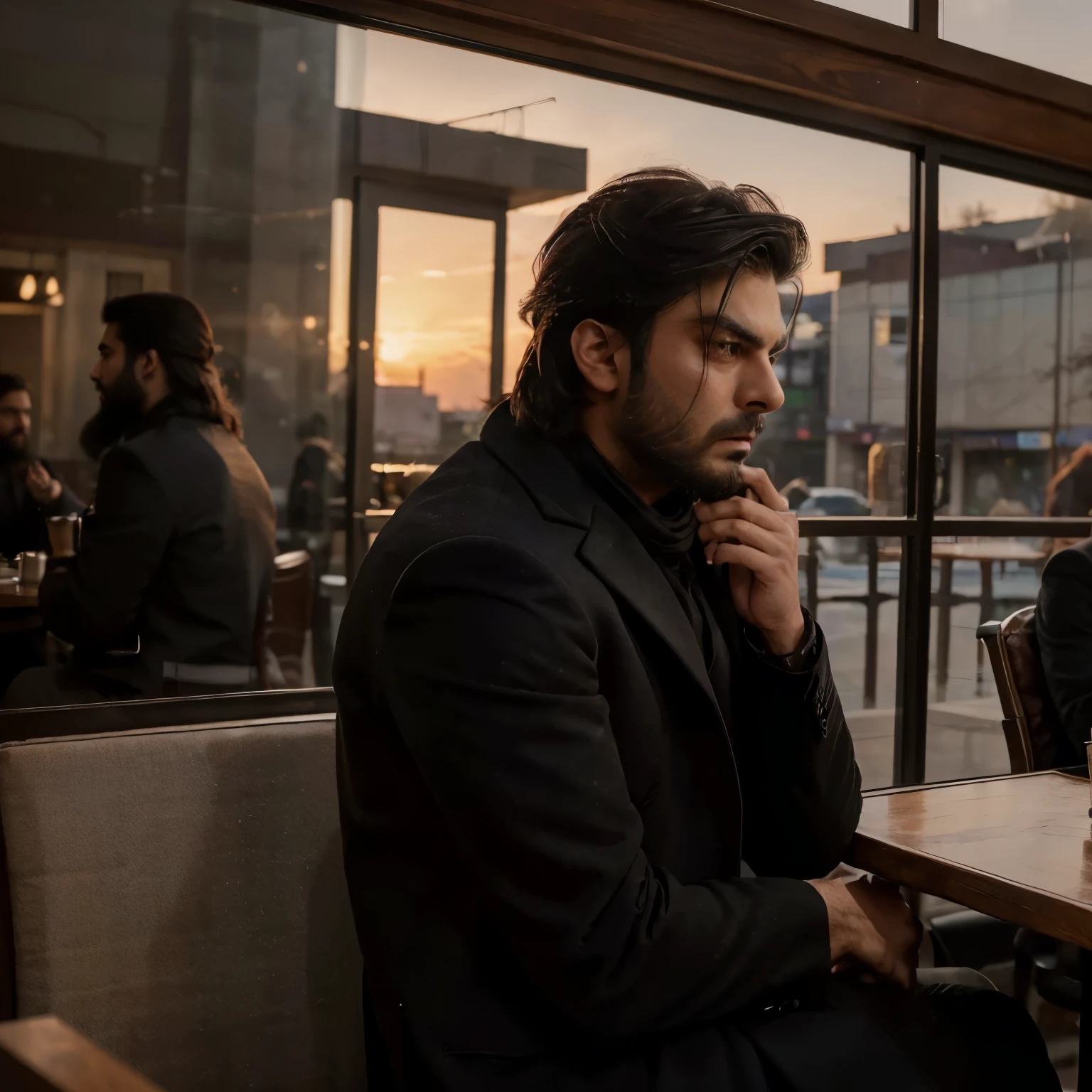 ((Male)), ((looks like fawad khan with beard)), (( black suit )), ((long coat)), ((sitting in coffee shop)), ((watching outside)), (( candid photo)), ((sunset outside)), Beautiful view outside), (( only side face showing in photo)), (( hd quality)),((4k Quality face))