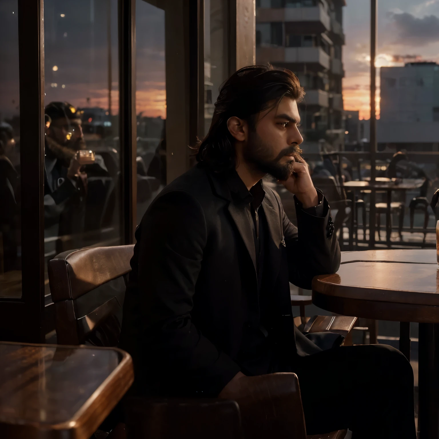 ((Male)), ((looks like fawad khan with beard)), (( black suit )), ((long coat)), ((sitting in coffee shop)), ((watching outside)), (( candid photo)), ((sunset outside)), Beautiful view outside), (( only side face showing in photo)), (( hd quality)),((4k Quality face))