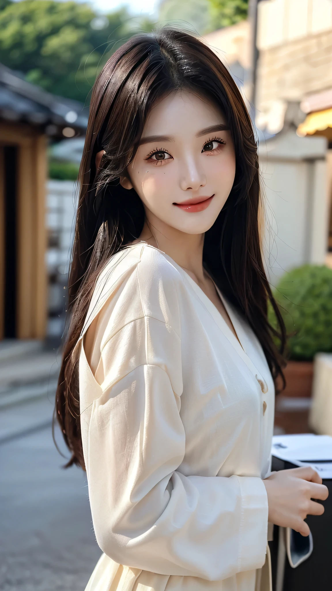 ​masterpiece、top-quality)、1 beutiful girl、(( plain clothes:1.1))、((Wearing black sunglasses )), (Detailed beautiful eyes), ((Detailed skin)) , ((Detailed beautiful hair))、((Smaller face))、((Neutral face))、((Face seen from the side))、((Light brown eyes))、((Korean Girl))、((18year old))、((medium hair))、((A shy smile on his face))、((Korean Makeup))、((elongated and sharp eyes))、((Happy dating))、((Shot from the same height as your face)、), ((CG rendering)), ((Blurred background)), (( in the villa),  ((16K)),  ((Very detailed)), ((wallpaper)), ((depth of field)), ((movie light)), (( Ray tracing)). Medium hair