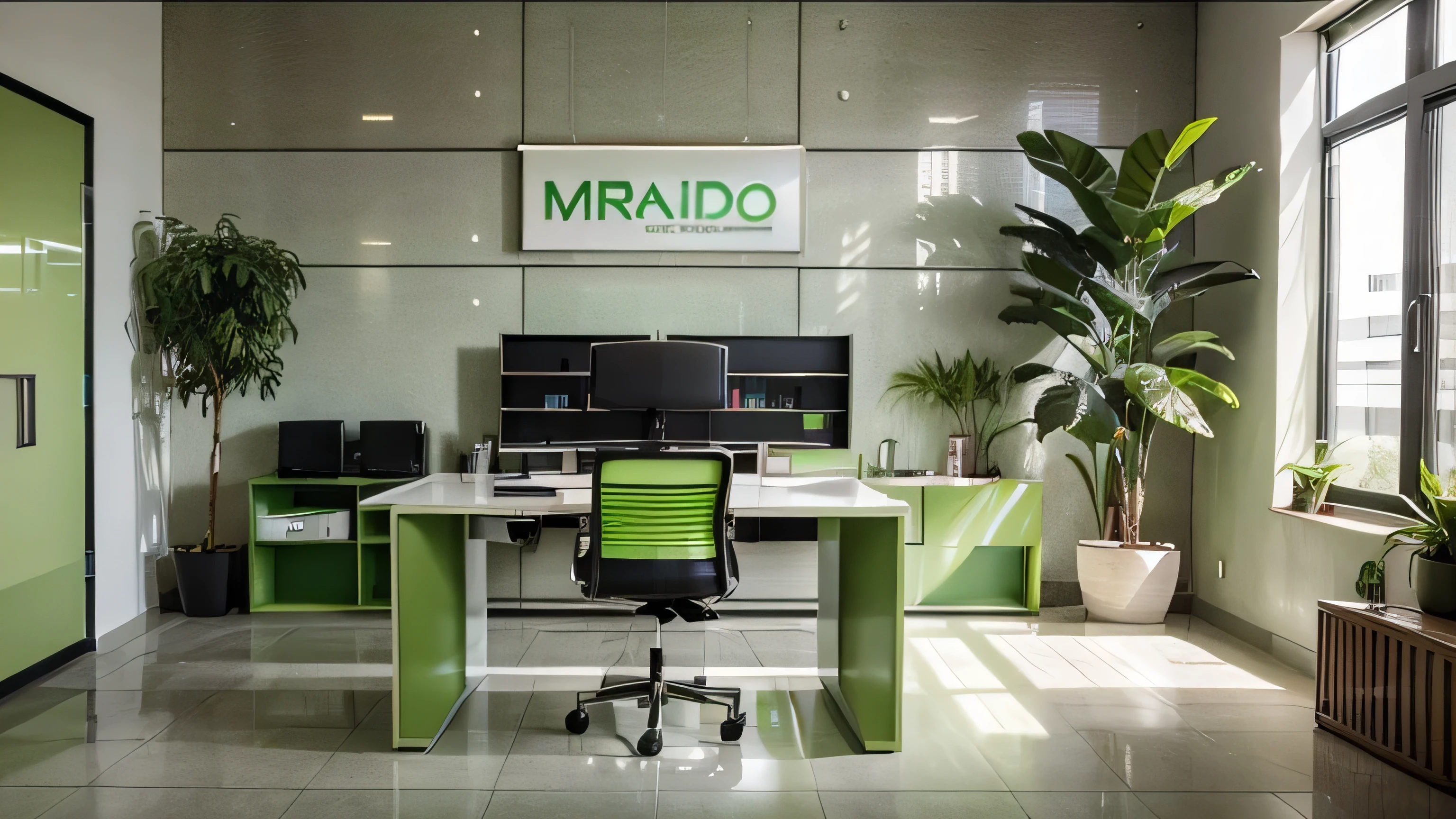 A stylish office space bathed in soft green light, exuding professionalism and sophistication, adornado com uma variedade de computadores modernos zumbindo com produtividade.