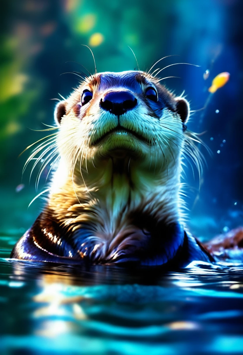 An Otter, Happy otter swimming underwater, smiling. The picture should evoke a feeling of exuberance and happiness. Background is a beautiful river filled with fish, daytime sky, realistic colors : Insanely Detailed :: by Pino_Daeni, Jeremy_Mann, Carne_Griffiths, 16k_resolution, oil_on_canvas, fine_art, super_realistic_light, sharp_focus, beautiful, exuberant atmosphere