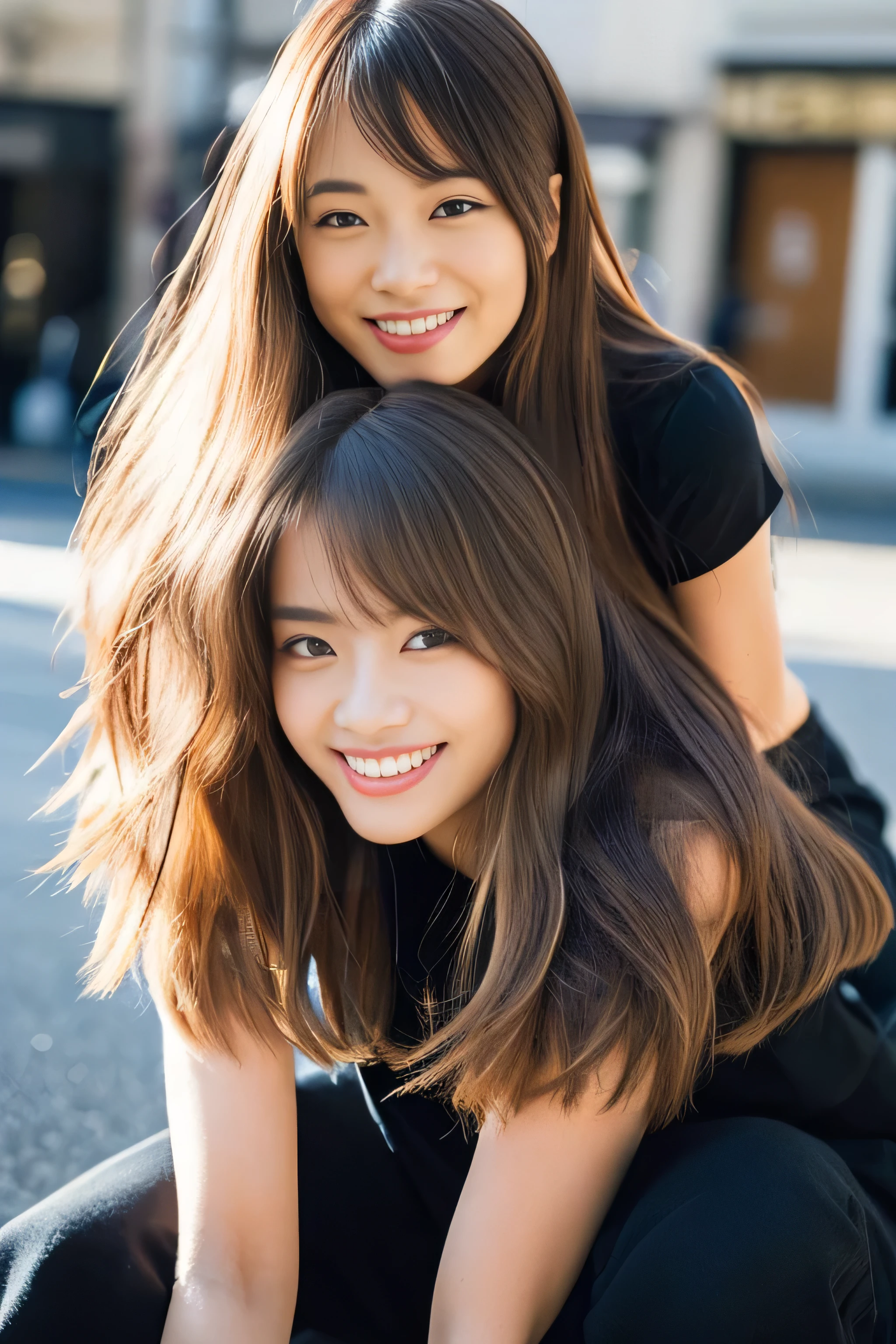 (Identical twins on knees :1.3) (The two are posing happily.:2.0) (The couple look happy as they gaze at each other on a busy street in Japan..) (Their faces are clones Clothes are random hair color is random) (((hair color: Dark black or light brown:1.5))) ((Beautiful model with long platinum blonde hair, girl with super length Hair, extremely length Hair, extra length Hair, very long, Flowing Hair, very length Hair, length Hair girl, very long, Flowing platinum blonde hair, length Hair windy, very longプラチナブロンドヘア, length, Flowing Hair, length and or curly hair, with length Hair, length Hair!!!! Her highest quality hair is long and 真っ直ぐ or curly hair very long, highest quality platinum blonde, length hair in the center, Highest quality long Straight or curly hair, length, Straight or curly hair, beautiful, High quality platinum blonde hair, length and platinum blonde hair highest quality Straight or curly hair, length Hair, length and Straight or curly hair, highest quality platinum blondeヘア, Perfect silky Straight or curly hair of the highest quality, Straight or curly hair, highest quality platinum blondeヘア, length platinum blonde hair Straight or curly hair, length, Bright platinum blonde hair Her hair is long and Straight or curly hair, very longプラチナブロンドヘア, length hair in the center, length Straight or curly hair, length, Straight or curly hair, beautiful hair of the highest quality, length Hair, length, Straight or curly hairプラチナブロンドヘア , length and free Straight or curly hair Platinum blonde hair, Straight or curly hair Platinum blonde hair)) (Her bangs are perfect.:1.3) (The most beautiful 18-year-old hair model in Japan) ((highest quality)), ((masterpiece)), (Familiar) (Get used to it) Perfect Face (Her skin is a typical French complexion....、And very detailed) (Big Breasts) (She is wearing a light blue skirt and a white blouse........) (She has a beautiful Japanese face and a typical Japanese figure...., Narrow eyes) (She has perfect beautiful makeup and face Lipstick is light red A solid eyeliner) ((Rich 1.4)) (Extremely detailed 8K) (Ultra-fine skin texture 1.4) (Actual, Vibrant:1.4), double eyelid Sharp focus:1.2、Beautiful woman:1.4 Dynamic Lighting (Genuine RAW photos taken by professional photographers) (Her bangs are perfectly straight.:1.3) Professionally lit from the front (She has a bright and cheerful face)