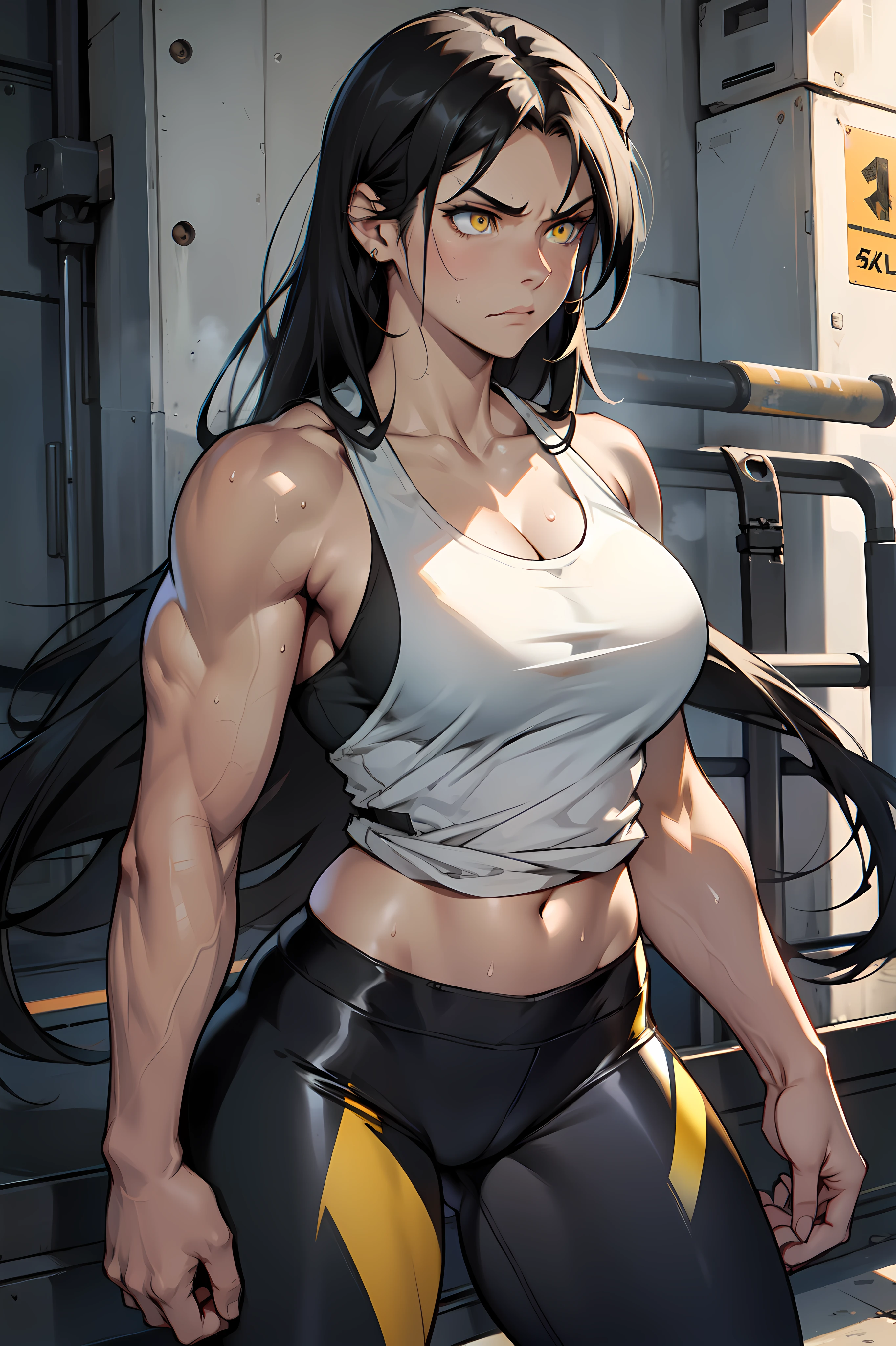 1girl (muscular toned body) large breasts thick thighs pale skin black hair very long hair yellow eyes angry tank top leggings sweaty