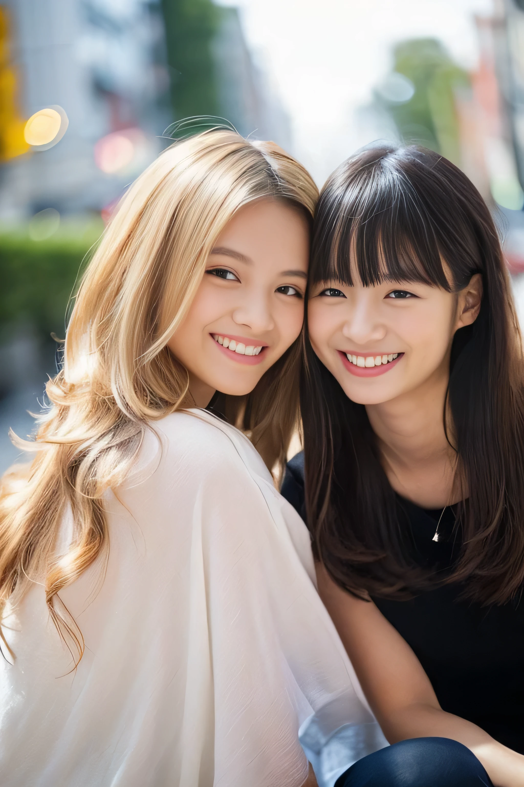 (Identical twins on knees :1.3) (The two are posing happily.:2.0) (The couple look happy as they gaze at each other on a busy street in Japan..) (Their faces are clones Clothes are random hair color is random) (((hair color: Dark black or light brown:1.5))) ((Beautiful model with long platinum blonde hair, girl with super length Hair, extremely length Hair, extra length Hair, very long, Flowing Hair, very length Hair, length Hair girl, very long, Flowing platinum blonde hair, length Hair windy, very longプラチナブロンドヘア, length, Flowing Hair, length and or curly hair, with length Hair, length Hair!!!! Her highest quality hair is long and 真っ直ぐ or curly hair very long, highest quality platinum blonde, length hair in the center, Highest quality long Straight or curly hair, length, Straight or curly hair, beautiful, High quality platinum blonde hair, length and platinum blonde hair highest quality Straight or curly hair, length Hair, length and Straight or curly hair, highest quality platinum blondeヘア, Perfect silky Straight or curly hair of the highest quality, Straight or curly hair, highest quality platinum blondeヘア, length platinum blonde hair Straight or curly hair, length, Bright platinum blonde hair Her hair is long and Straight or curly hair, very longプラチナブロンドヘア, length hair in the center, length Straight or curly hair, length, Straight or curly hair, beautiful hair of the highest quality, length Hair, length, Straight or curly hairプラチナブロンドヘア , length and free Straight or curly hair Platinum blonde hair, Straight or curly hair Platinum blonde hair)) (Her bangs are perfect.:1.3) (The most beautiful 18-year-old hair model in Japan) ((highest quality)), ((masterpiece)), (Familiar) (Get used to it) Perfect Face (Her skin is a typical French complexion....、And very detailed) (Big Breasts) (She is wearing a light blue skirt and a white blouse........) (She has a beautiful Japanese face and a typical Japanese figure...., Narrow eyes) (She has perfect beautiful makeup and face Lipstick is light red A solid eyeliner) ((Rich 1.4)) (Extremely detailed 8K) (Ultra-fine skin texture 1.4) (Actual, Vibrant:1.4), double eyelid Sharp focus:1.2、Beautiful woman:1.4 Dynamic Lighting (Genuine RAW photos taken by professional photographers) (Her bangs are perfectly straight.:1.3) Professionally lit from the front (She has a bright and cheerful face)