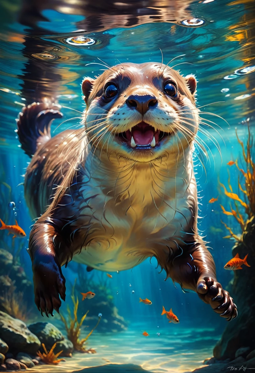 An Otter, Happy otter swimming underwater, smiling. The picture should evoke a feeling of exuberance and happiness. Background is a beautiful river filled with fish, daytime sky, realistic colors : Insanely Detailed :: by Pino_Daeni, Jeremy_Mann, Carne_Griffiths, 16k_resolution, oil_on_canvas, fine_art, super_realistic_light, sharp_focus, beautiful, exuberant atmosphere