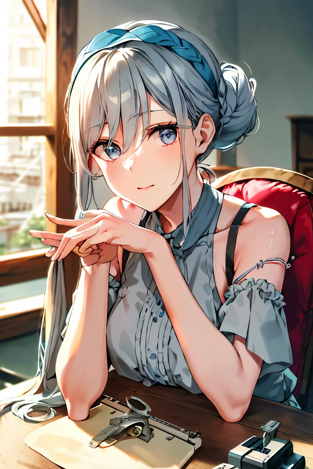 lacus4, (vintage sewing machine, muted colors, wooden base, arm rest, foot pedal - masterpiece, sitting on a chair, leaning hands, slim shoulders, 4K, Best Quality, Retro style: 1.8, thoughtful, Adult Woman, (ultra detailed face), (workshop, natural light), intricate details, high resolution, lacus4), 1girl, Solo, frame, Long hair tied in a bun, (Detailed woven hairband, Detailed gray-blue hair, shiny strands, dainty arms), focused eyes on the sewing machine, delicate fingers working the fabric, (bare shoulders, loose blouse