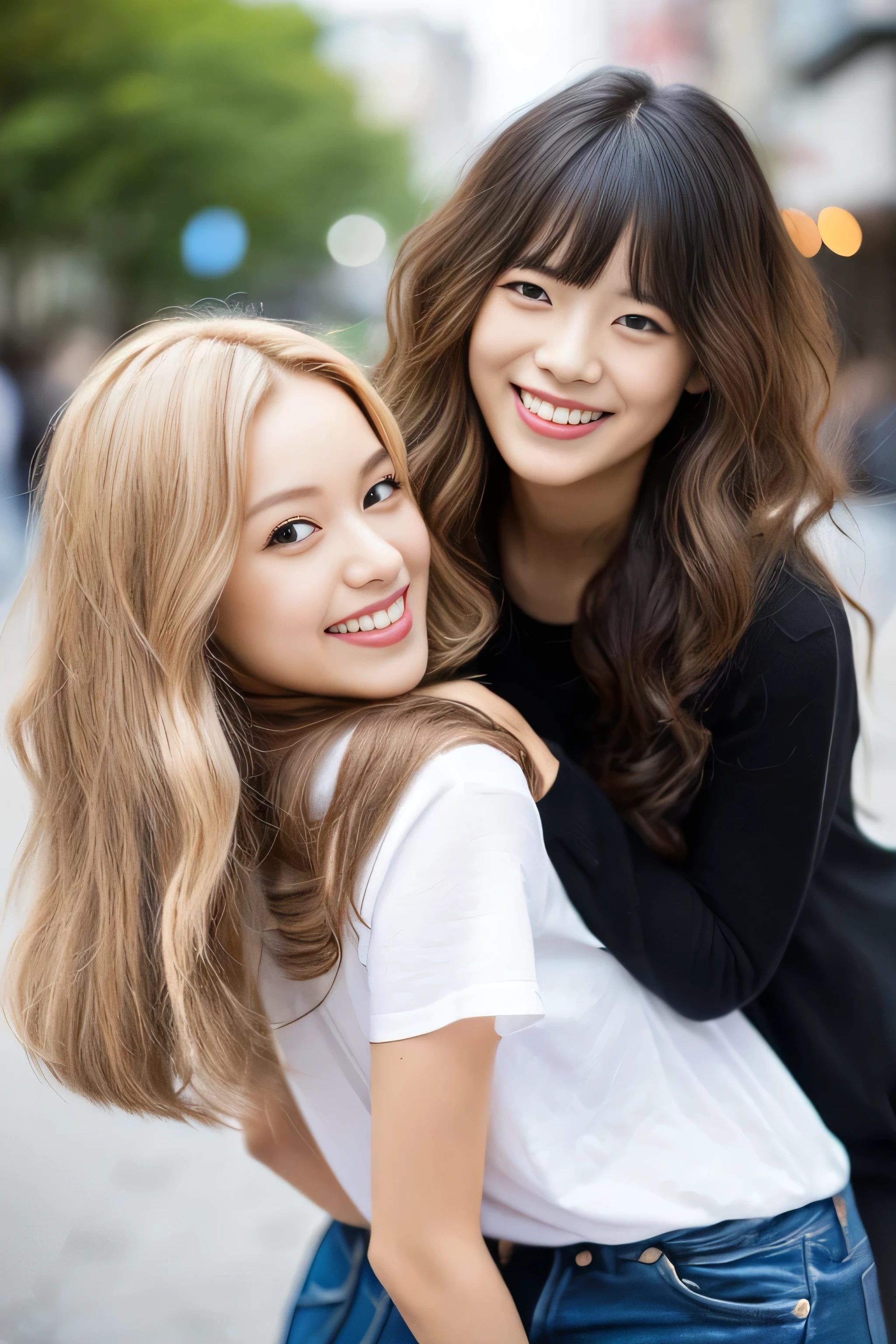 (Identical twins kneeling :1.3)　(The two are posing happily.:2.0)　(Couple looks happy as they gaze at each other on a crowded street in Japan..)　(Their faces are clones　Clothes are random　hair color is random)　(((hair color: Dark black or light brown:1.5)))　((Beautiful model with long platinum blonde hair, girl with super length Hair, extremely length Hair, extra length Hair, very long, Flowing Hair, very length Hair, length Hair girl, very long, Flowing platinum blonde hair, length Hair windy, very longプラチナブロンドヘア, length, Flowing Hair, length and or curly hair, with length Hair, length Hair!!!!　Her highest quality hair is long and 真っ直ぐ or curly hair very long, highest quality platinum blonde, length hair in the center, Highest quality long Straight or curly hair, length, Straight or curly hair, beautiful, High quality platinum blonde hair, length and platinum blonde hair highest quality Straight or curly hair, length Hair, length and Straight or curly hair, highest quality platinum blondeヘア, Perfect silky Straight or curly hair of the highest quality, Straight or curly hair, highest quality platinum blondeヘア, length platinum blonde hair　Straight or curly hair, length, Bright platinum blonde hair　Her hair is long and Straight or curly hair, very longプラチナブロンドヘア, length hair in the center, length Straight or curly hair, length, Straight or curly hair, beautiful hair of the highest quality, length Hair, length, Straight or curly hairプラチナブロンドヘア , length and free Straight or curly hair Platinum blonde hair, Straight or curly hair Platinum blonde hair))　(Her bangs are perfect.:1.3)　(The most beautiful 18-year-old hair model in Japan)　　((highest quality)), ((masterpiece)), (Familiar)　(Get used to it)　Perfect Face　(Her skin is a typical French complexion.....、And very detailed)　　(Big Breasts)　(She is wearing a light blue skirt and a white blouse.........)　(She has a beautiful Japanese face and a typical Japanese figure...., Narrow eyes)　(She has perfect beautiful makeup and face　Lipstick is light red　A solid eyeliner)　((Rich 1.4))　(Extremely detailed 8K)　(Ultra-fine skin texture 1.4)　(Actual, Vibrant:1.4), double eyelid　Sharp focus:1.2、Beautiful woman:1.4　Dynamic Lighting　(Genuine RAW photos taken by professional photographers)　(Her bangs are perfectly straight.:1.3)　Professionally lit from the front　(She has a bright and cheerful face)