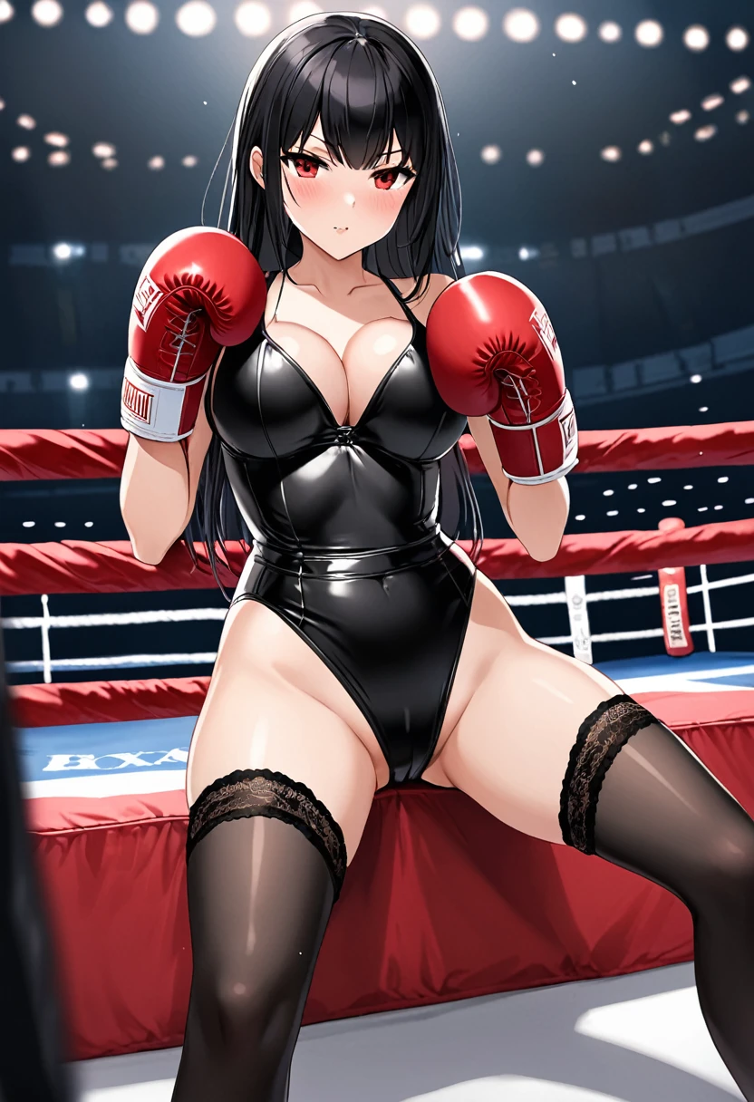 high quality, girl, Black straight hair, Red eyes, provocative,blush,Wear a one-piece swimsuit, Black garter stockings,Wearing white boxing gloves, Hands in boxing gloves,Cleavage,nipple,Long legs,Sitting in the ring