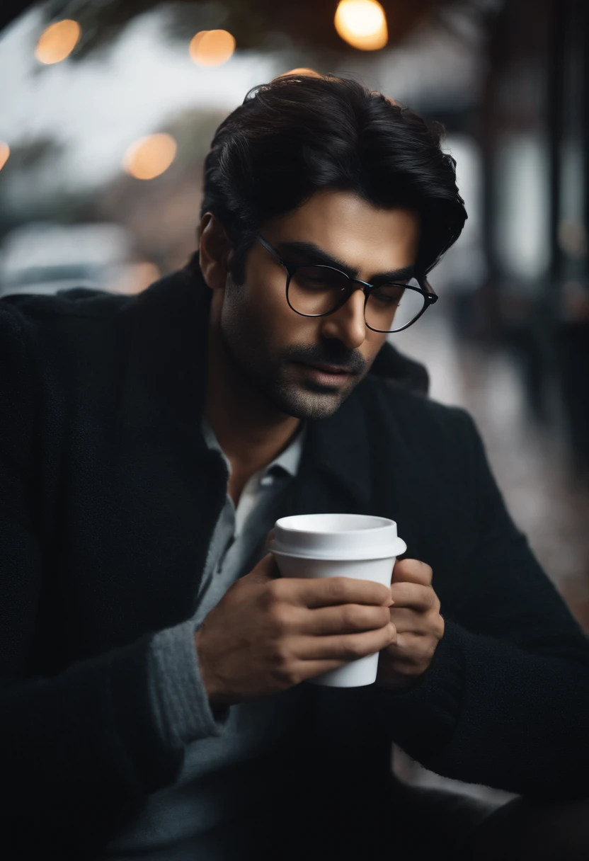 Looks like fawad khan, pepper hair, wire framed glasses, drinking a coffee. Well detailed. Low exposure, close up, rainy.