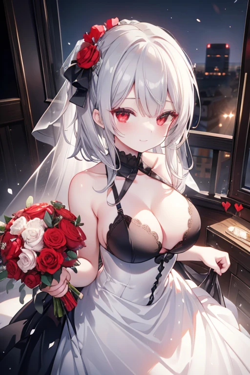 Black bandeau wedding dress,s girl,Gray hair,warm lights,red eyeiddlebreast,fresh flowers,Dark wind, smile