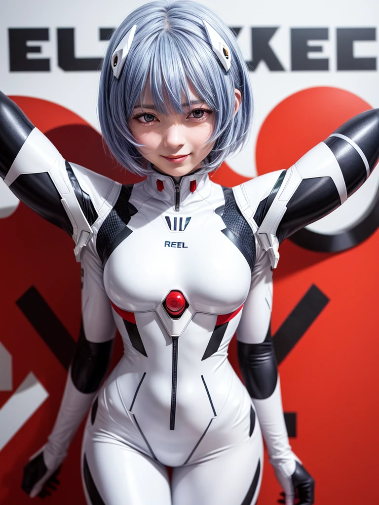 Masterpiece, highest quality, 8K, detailed skin texture, fine cloth texture, beautiful detailed face, intricate details, super detailed, portrait of Rei Ayanami, blue hair, red eyes, looking far away, no background, Evangelion Wearing a plug suit when riding, plug suit, whole body visible, standing, arms crossed, , beautiful, cute, great style, smiling,composition that shows the whole body,